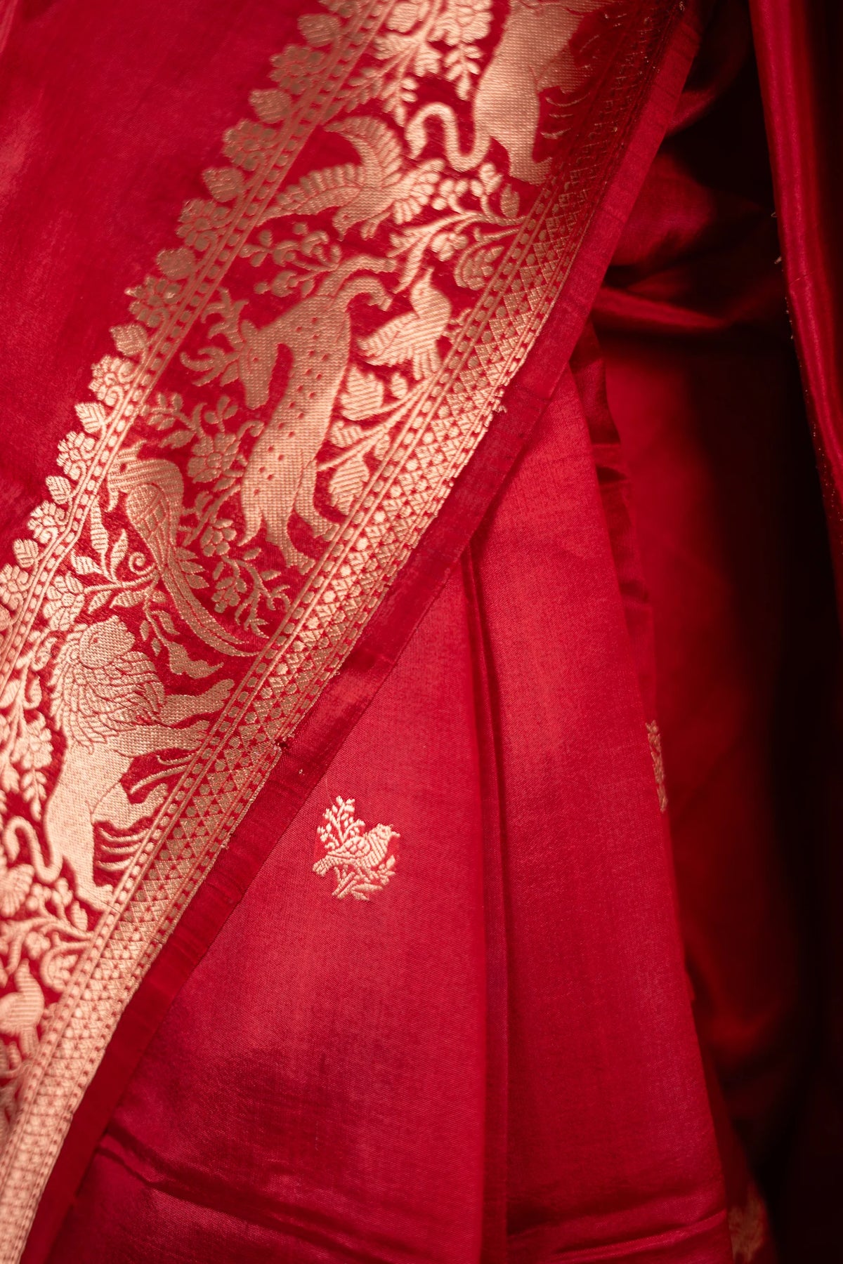 Crimson Red Banarasi Silk Saree - Animal Bird Border image 8