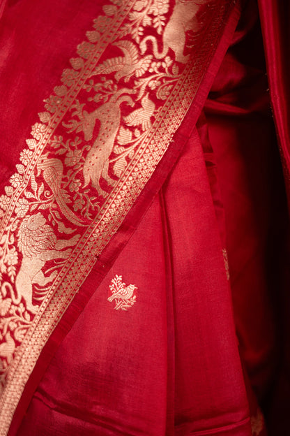 Crimson Red Banarasi Silk Saree - Animal Bird Border image 8