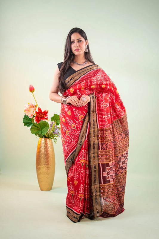 Crimson Red Bird Motif Khandua Silk Saree - image 1