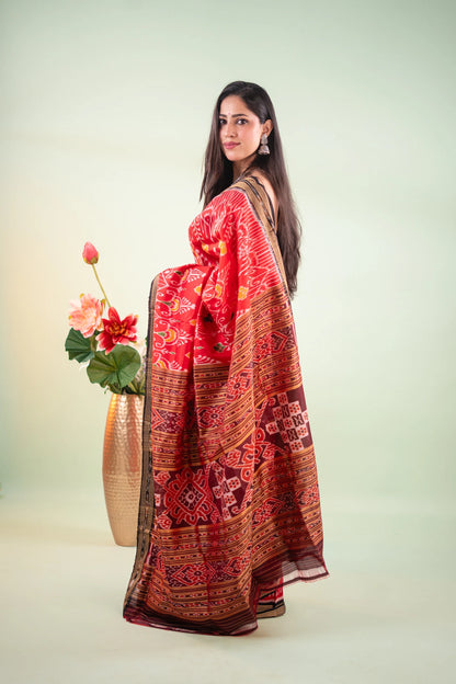 Crimson Red Bird Motif Khandua Silk Saree - image 4