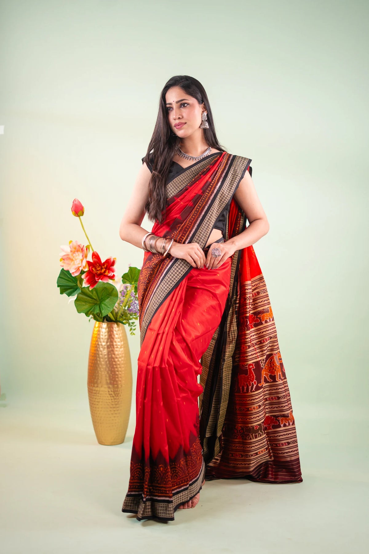 Crimson Red Black Temple Border Khandua Silk Saree - angled view