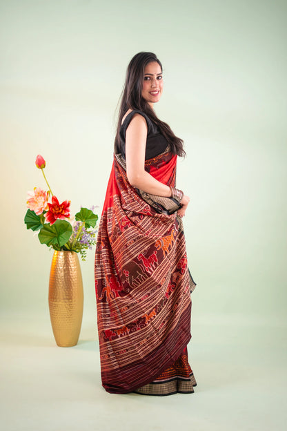 Crimson Red Black Temple Border Khandua Silk Saree - back view