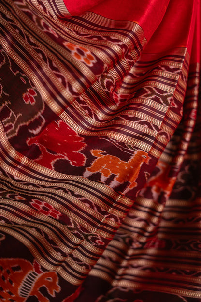 Crimson Red Black Temple Border Khandua Silk Saree - lower border close-up