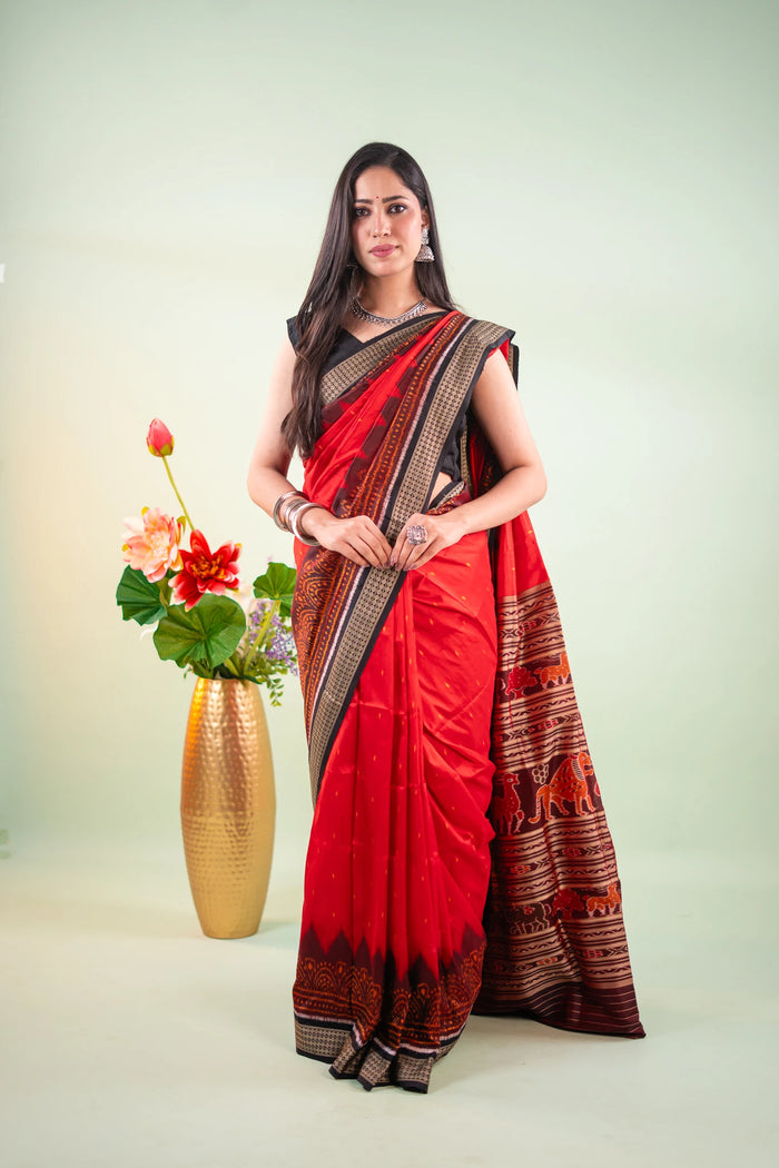 Crimson Red Black Temple Border Khandua Silk Saree
