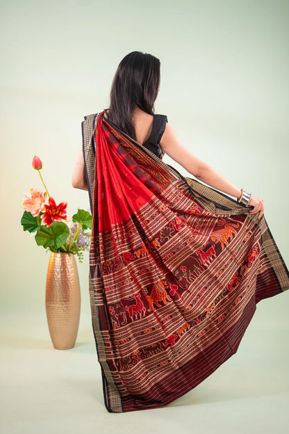 Crimson Red Black Temple Border Khandua Silk Saree - pallu spread