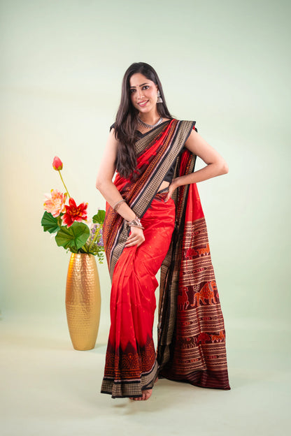 Crimson Red Black Temple Border Khandua Silk Saree - pallu on shoulder