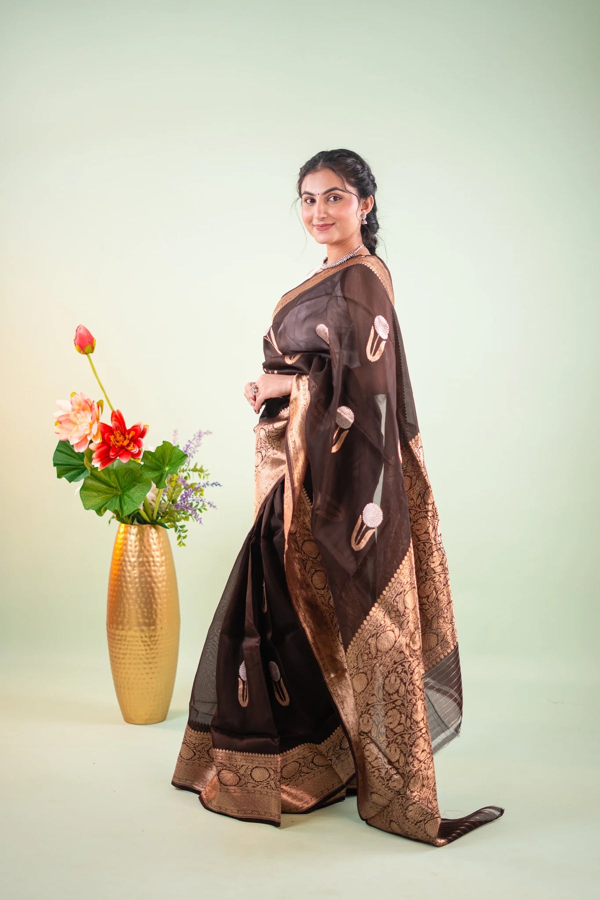 Dark Brown Banarasi Silk Saree - angled view