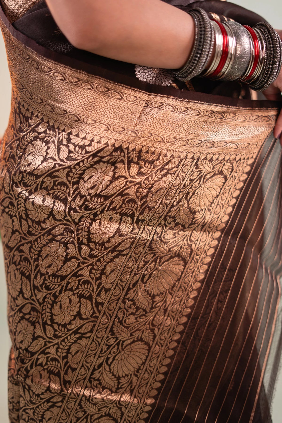 Dark Brown Banarasi Silk Saree - fabric and zari border close-up