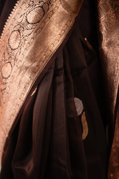 Dark Brown Banarasi Silk Saree - lower border detail