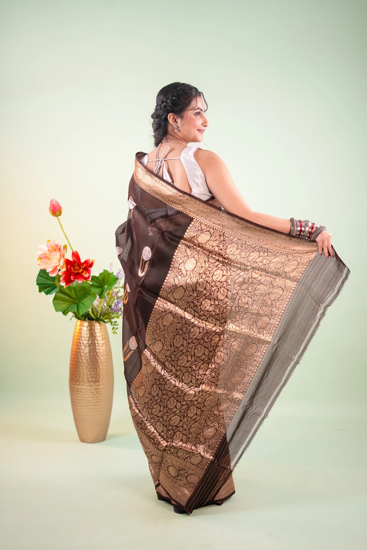 Dark Brown Banarasi Silk Saree - pallu spread