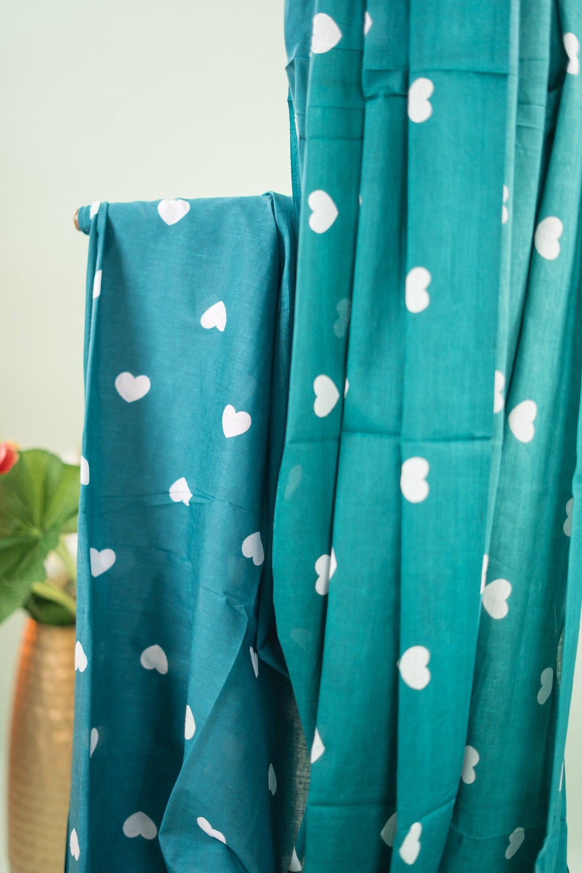 Dark Green Heart Print Mul Mul Cotton Saree