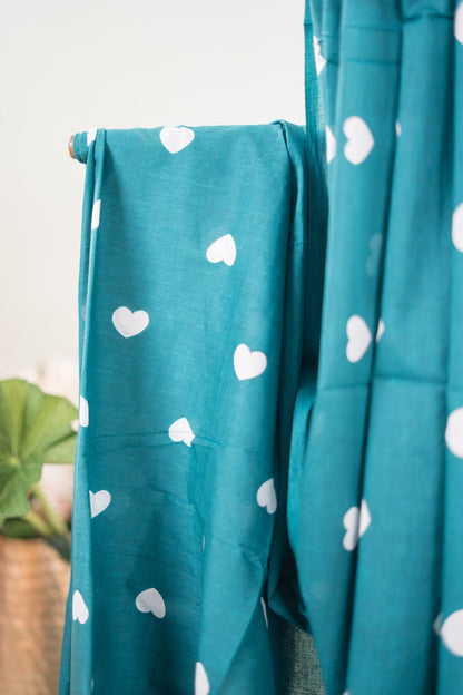 Dark Green Heart Print Mul Mul Cotton Saree