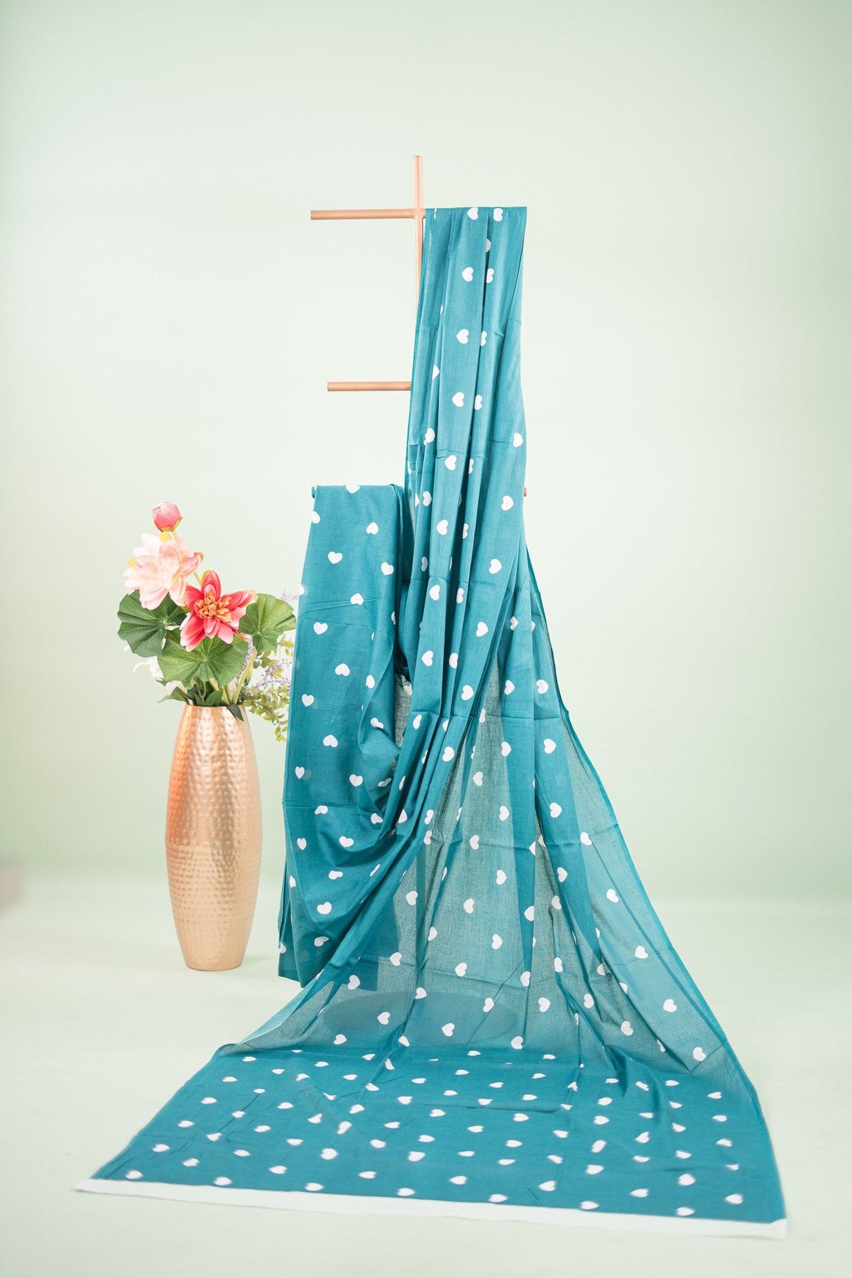 Dark Green Heart Print Mul Mul Cotton Saree