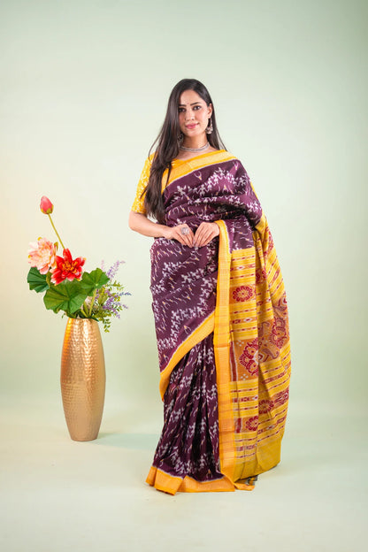Deep Purple Yellow Ikat Khandua Silk Saree