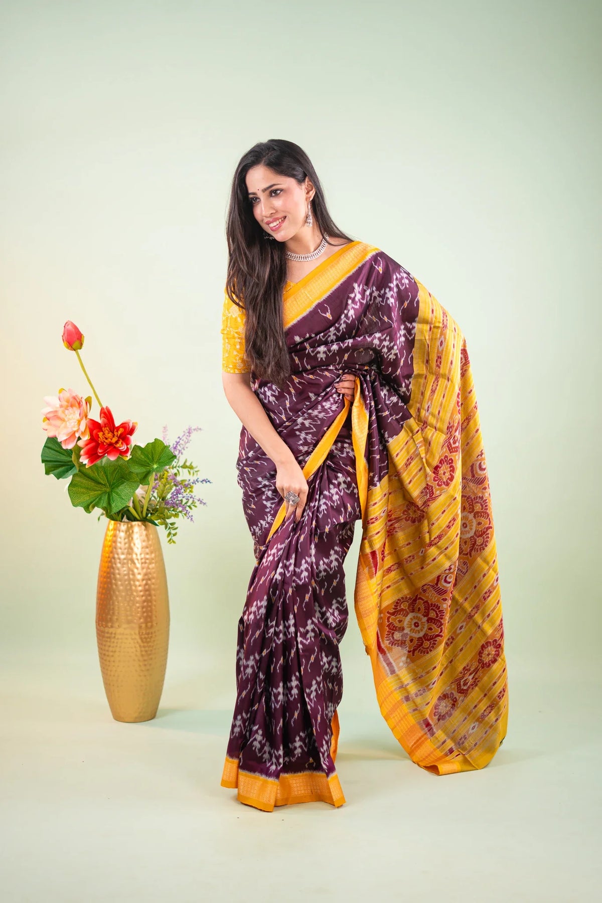 Deep Purple Yellow Ikat Khandua Silk Saree