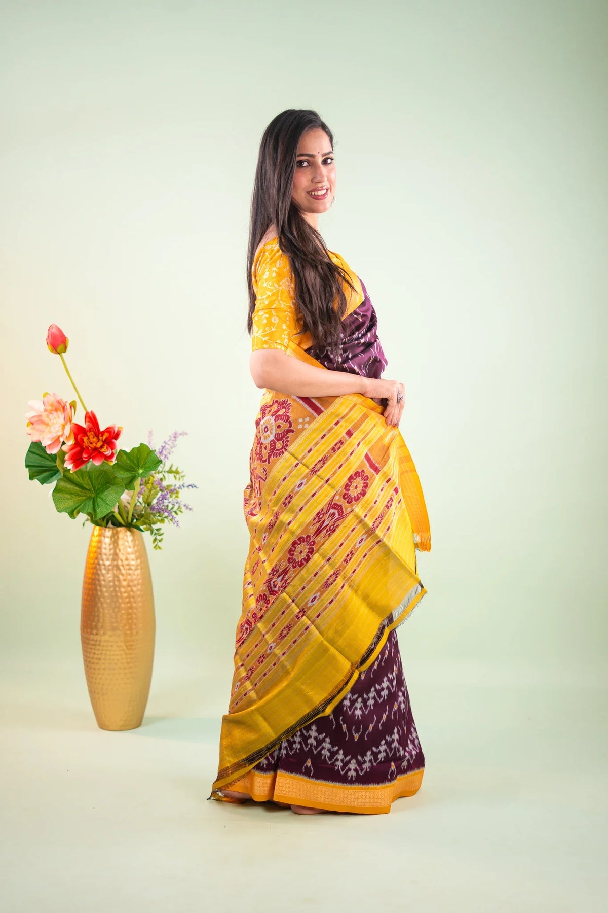 Deep Purple Yellow Ikat Khandua Silk Saree