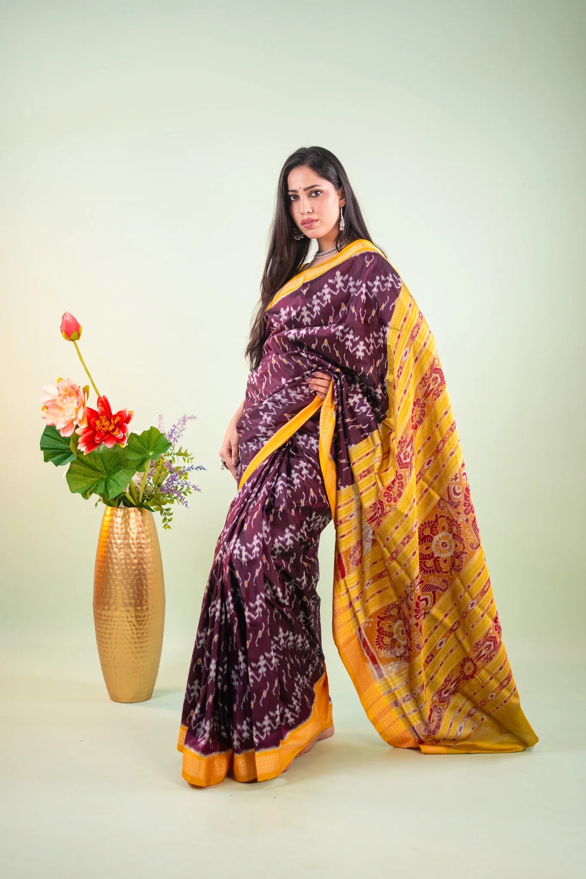 Deep Purple Yellow Ikat Khandua Silk Saree
