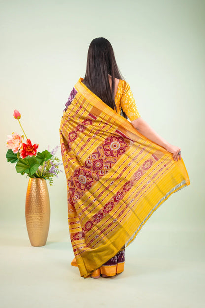 Deep Purple Yellow Ikat Khandua Silk Saree
