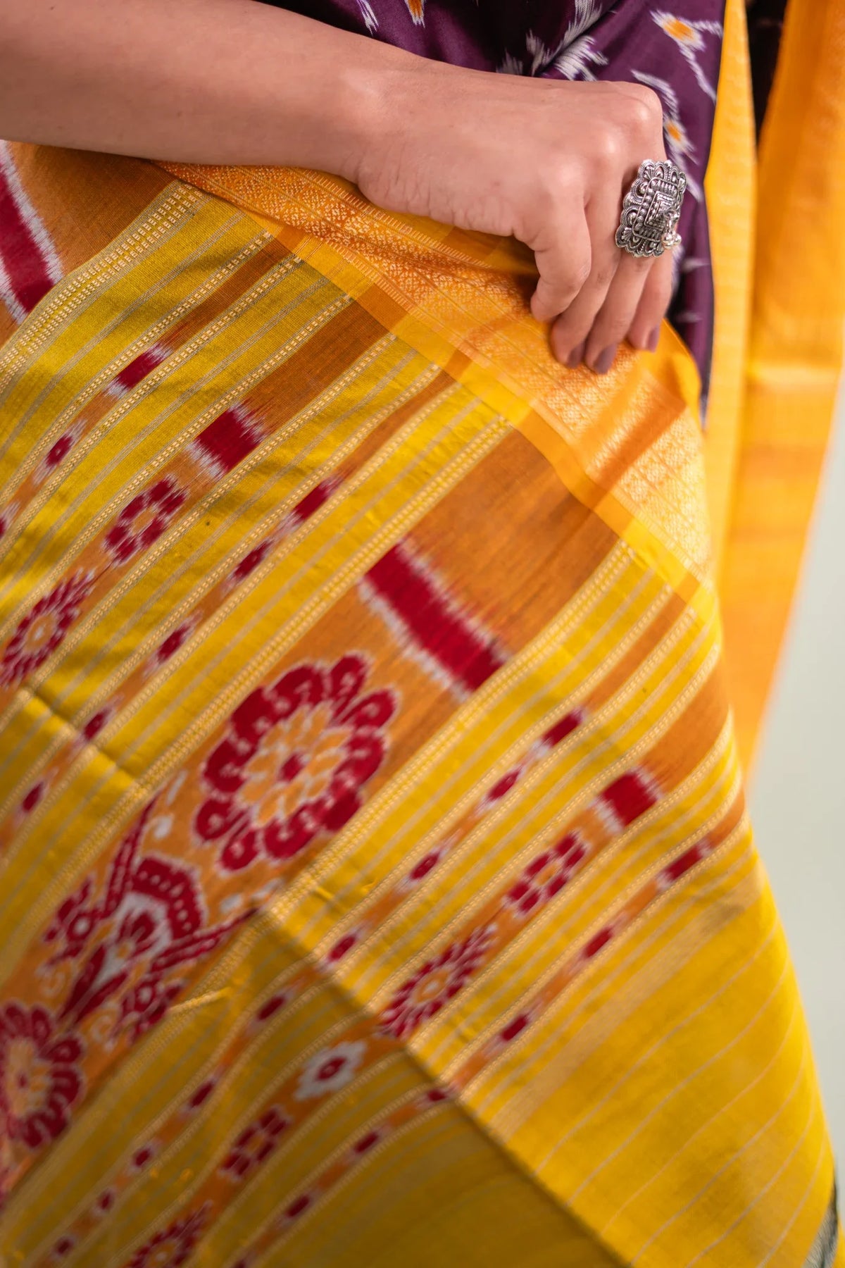 Deep Purple Yellow Ikat Khandua Silk Saree