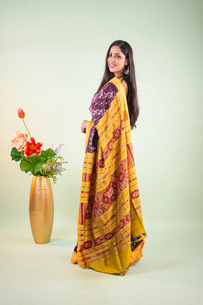 Deep Purple Yellow Ikat Khandua Silk Saree