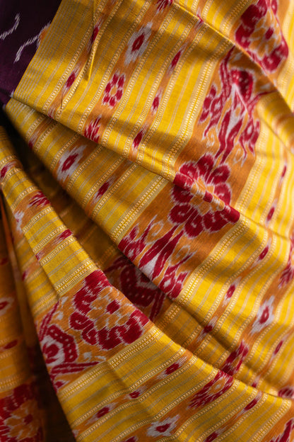 Deep Purple Yellow Ikat Khandua Silk Saree