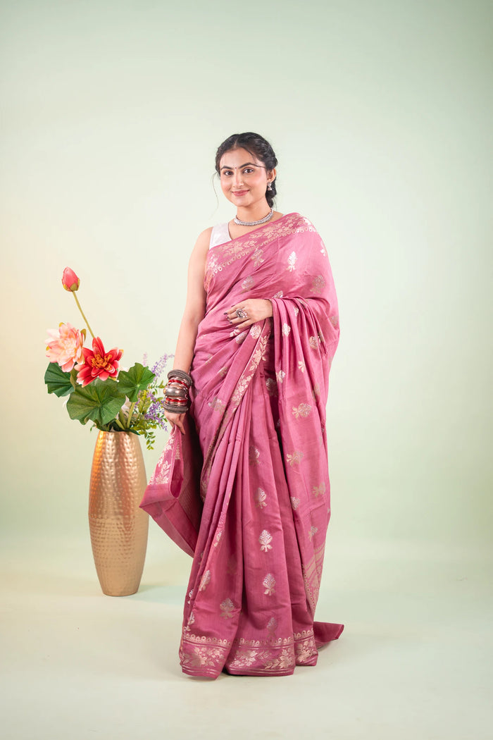Deep Rose Pink Zari Chiffon Saree