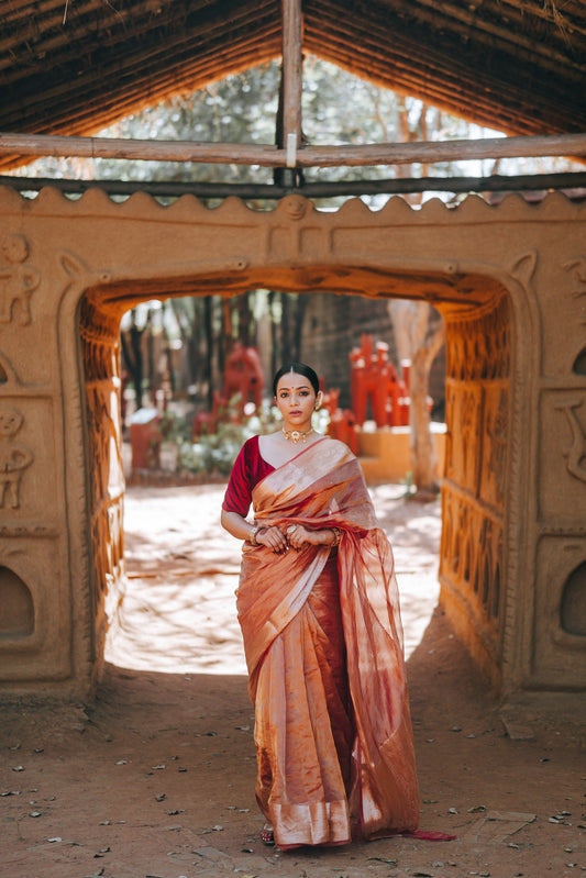 Tissue Saree Peach Hand woven - Atulyakarigari