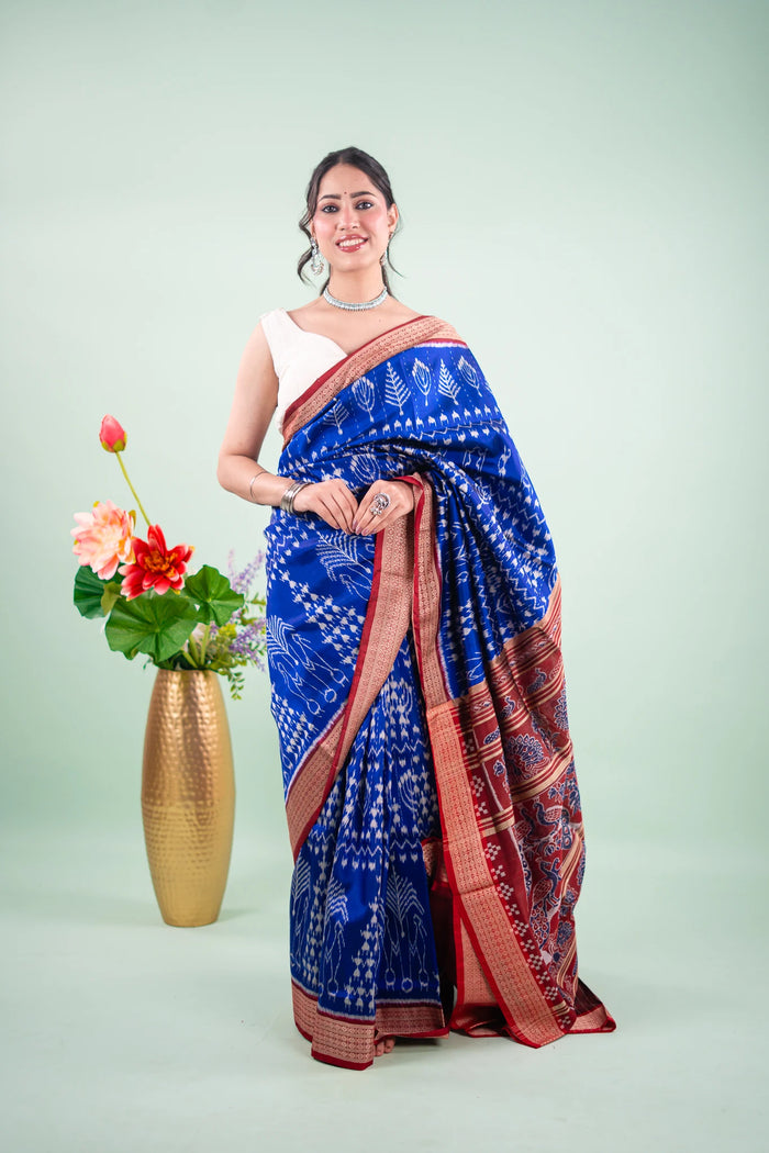 Emerald Blue Maroon Border Khandua Silk Saree