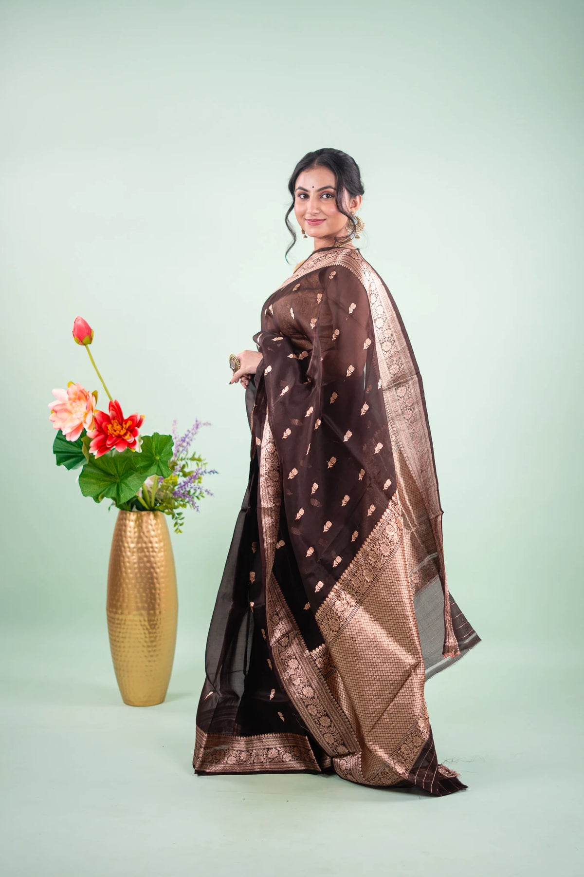 Espresso Brown Banarasi Silk Saree - Wreath Medallions - image 2