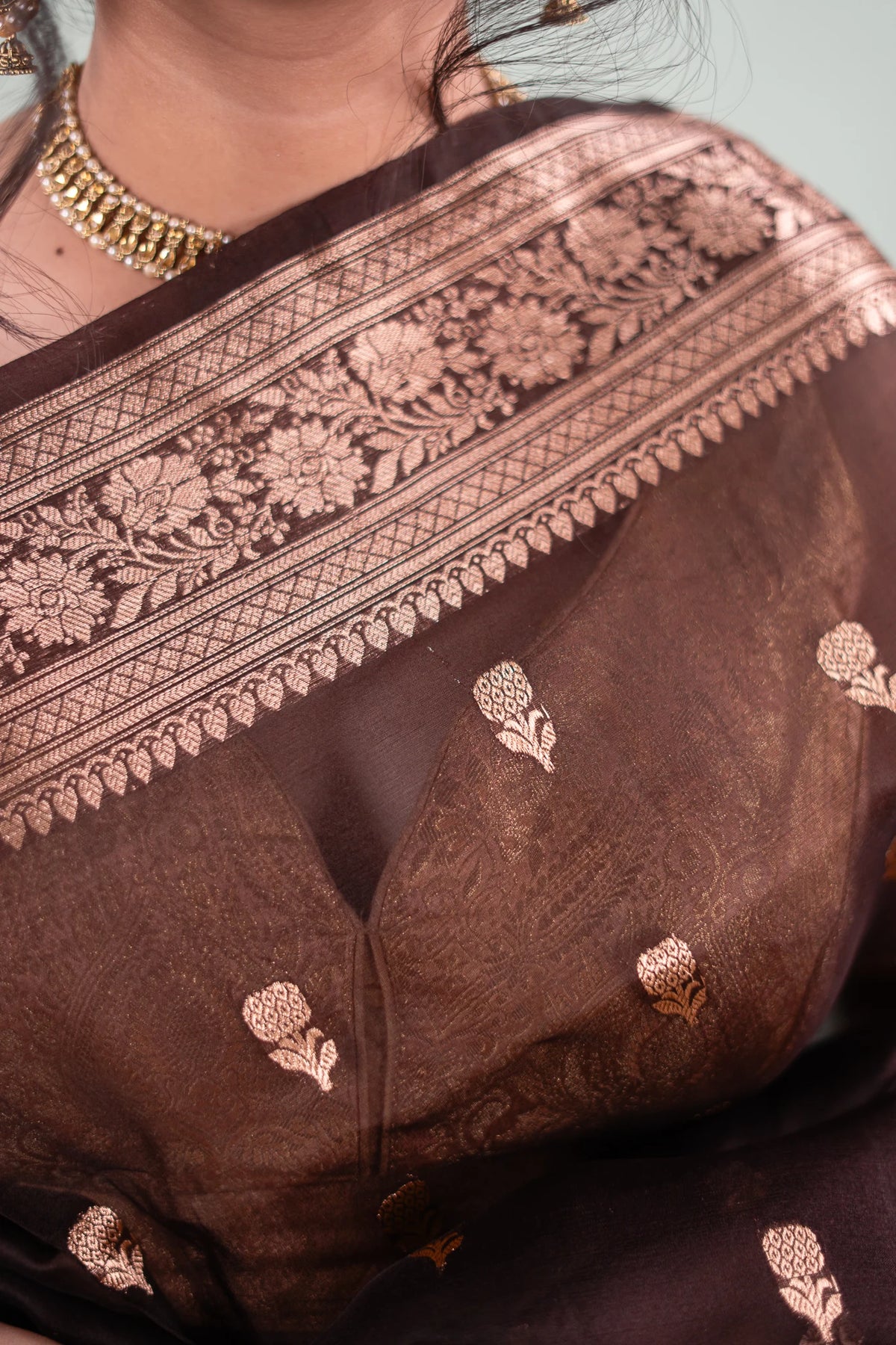 Espresso Brown Banarasi Silk Saree - Wreath Medallions - image 3