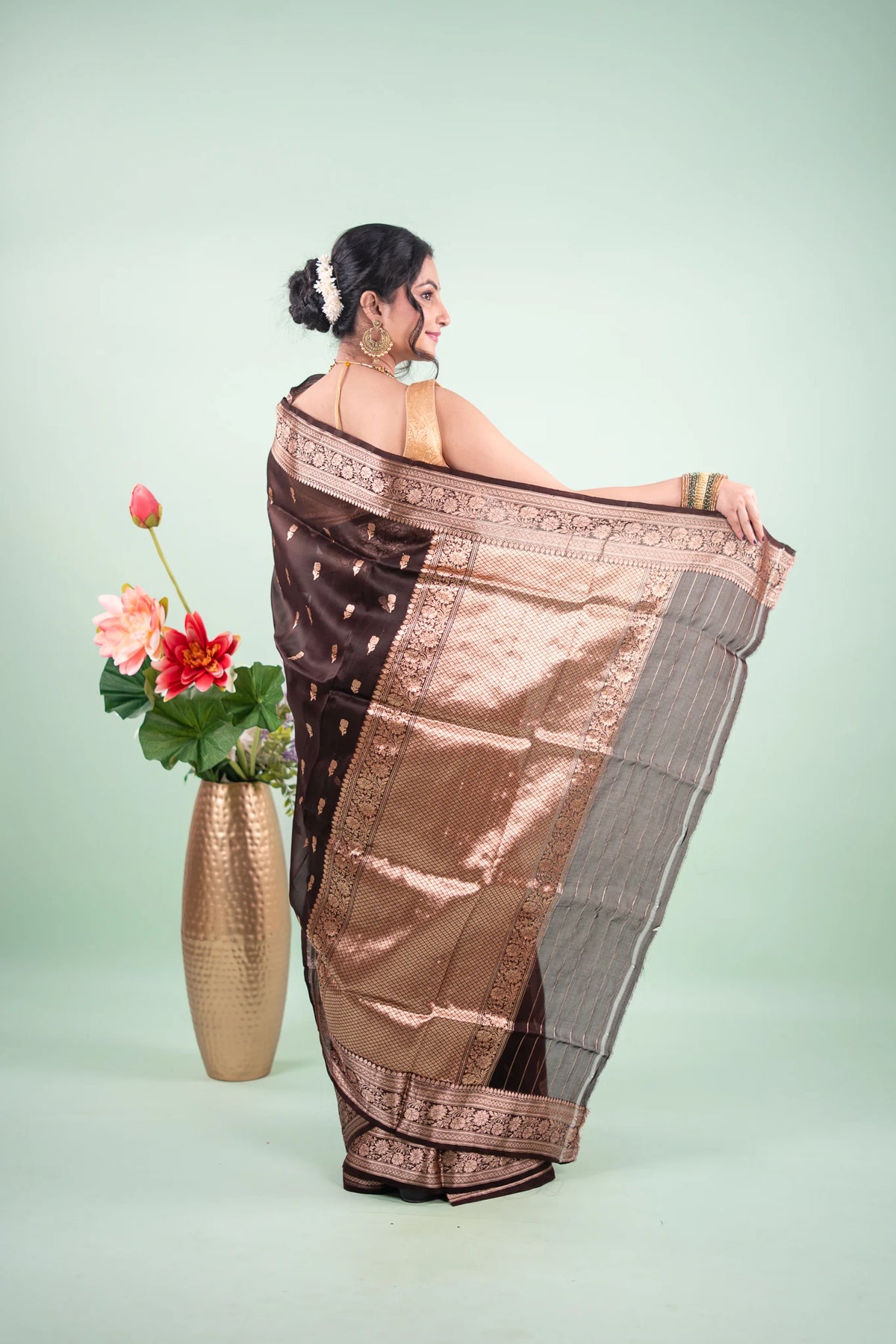 Espresso Brown Banarasi Silk Saree - Wreath Medallions - image 4