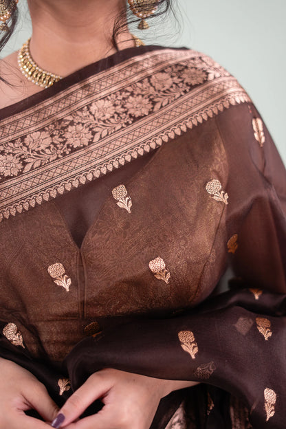 Espresso Brown Banarasi Silk Saree - Wreath Medallions - image 5
