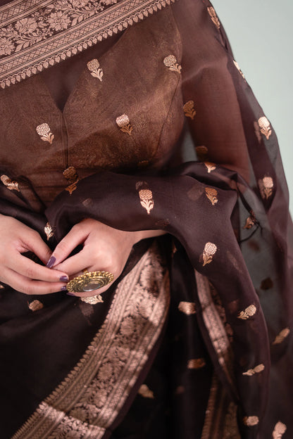 Espresso Brown Banarasi Silk Saree - Wreath Medallions - image 6
