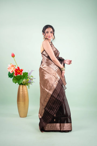 Espresso Brown Banarasi Silk Saree - Wreath Medallions - image 7