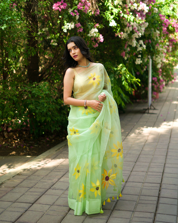 Green Organza saree hand painted