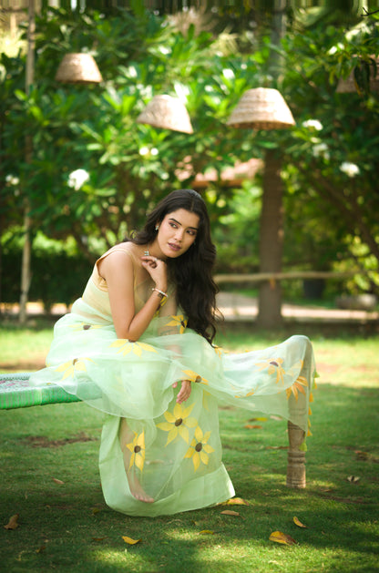 Green Organza saree hand painted
