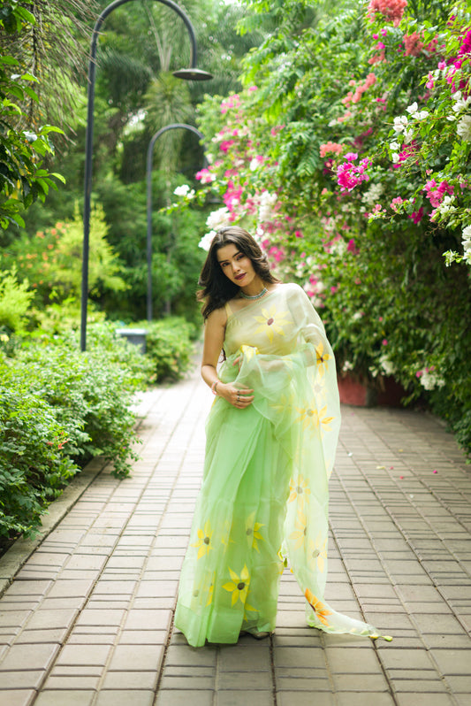 Green Organza saree hand painted - Atulyakarigari