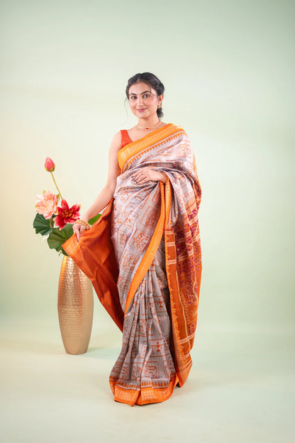 Grey Mustard Elephant Motif Khandua Silk Saree - image 1