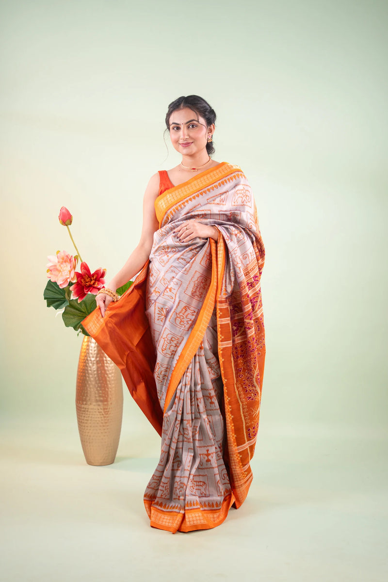 Grey Mustard Elephant Motif Khandua Silk Saree - image 1
