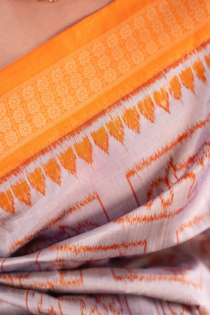 Grey Mustard Elephant Motif Khandua Silk Saree - image 3