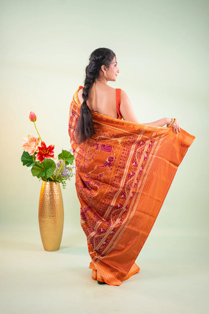 Grey Mustard Elephant Motif Khandua Silk Saree - image 4