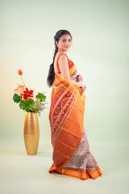 Grey Mustard Elephant Motif Khandua Silk Saree - image 7