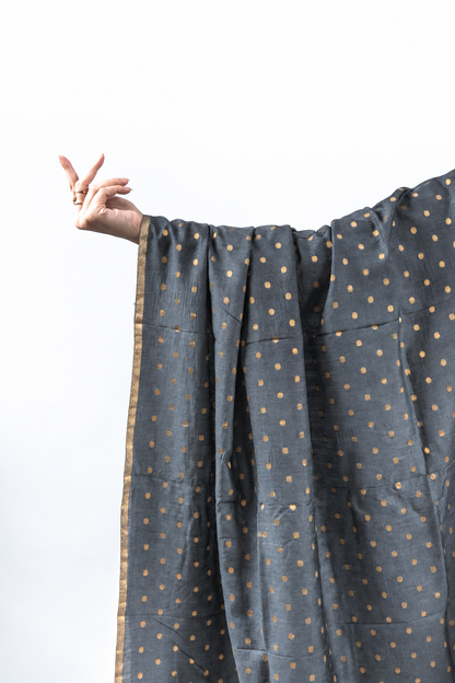 Midnight Blue Gold Zari Booti Banarasi Moonga Silk Dupatta