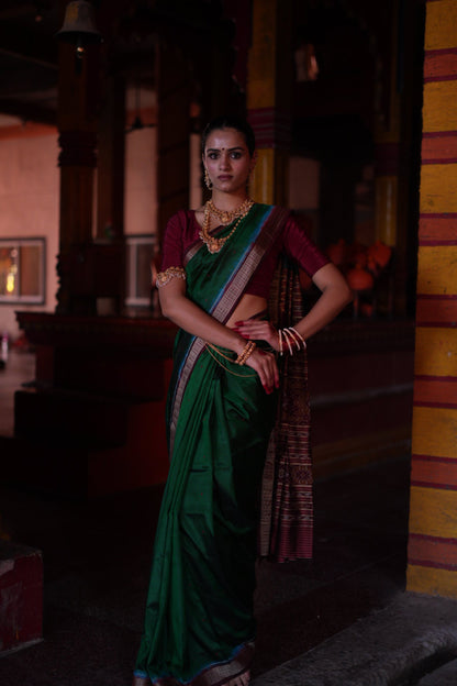 Emerald Green with Maroon Border Khandua Silk Saree