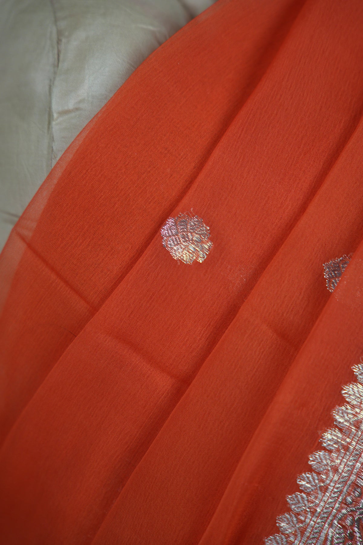 Rust Orange Silver Zari Chiffon Saree