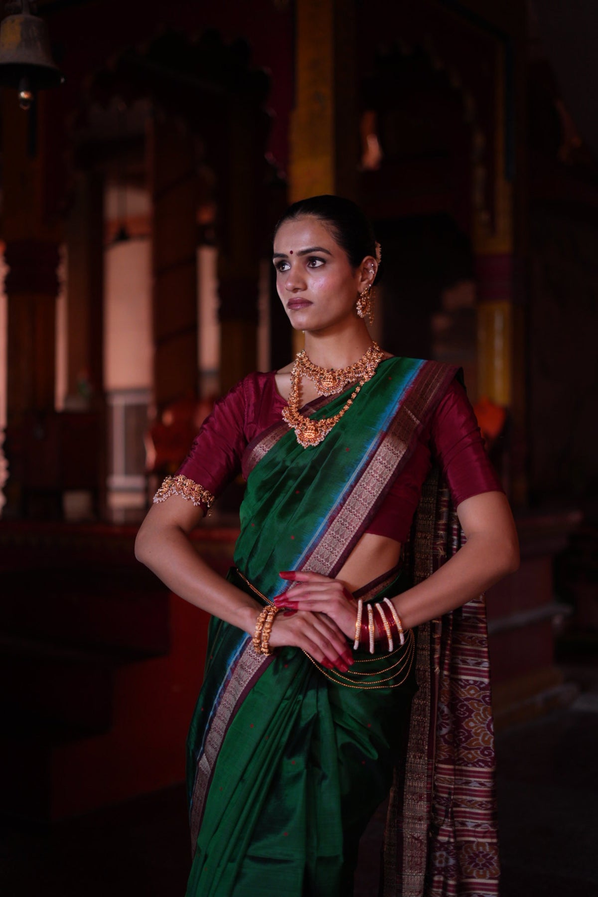 Emerald Green with Maroon Border Khandua Silk Saree