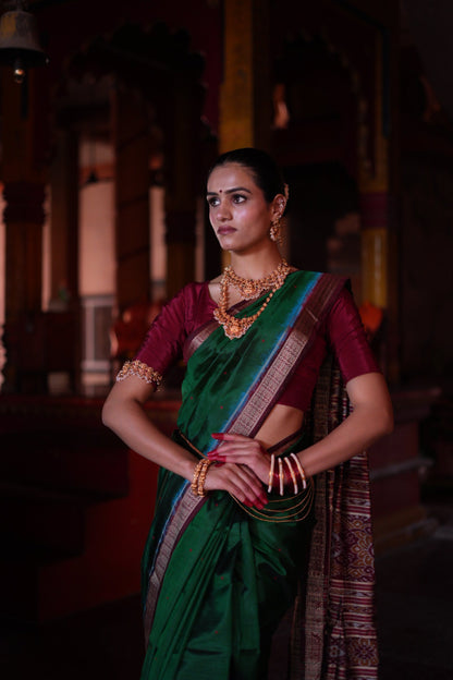 Emerald Green with Maroon Border Khandua Silk Saree