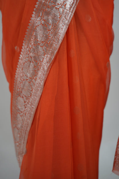 Rust Orange Silver Zari Chiffon Saree