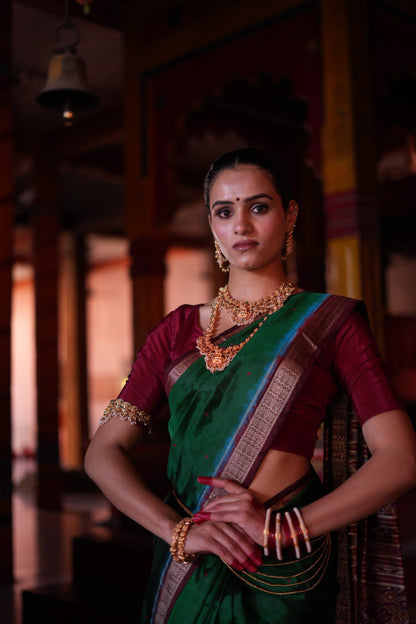 Emerald Green with Maroon Border Khandua Silk Saree