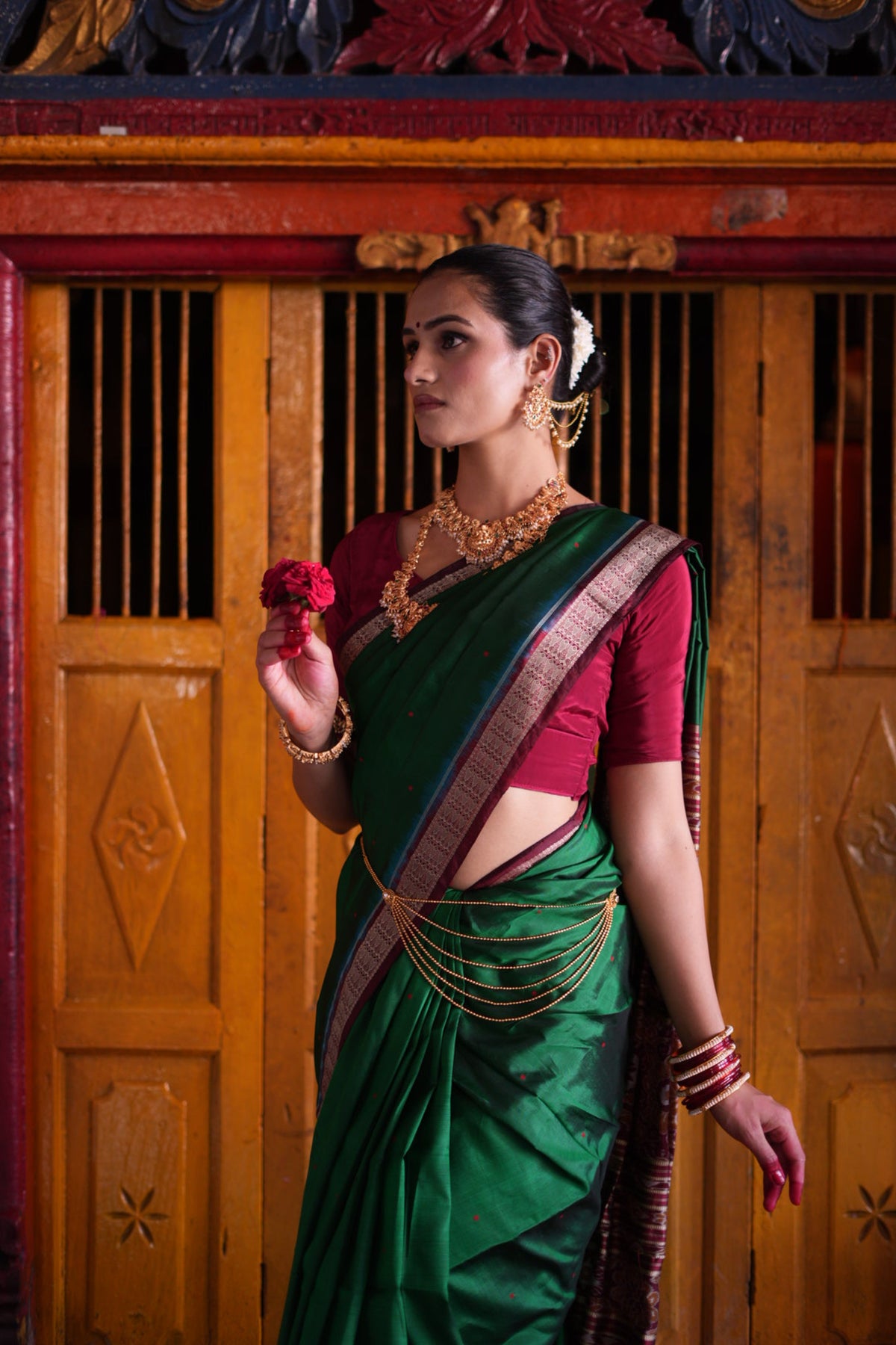 Emerald Green with Maroon Border Khandua Silk Saree
